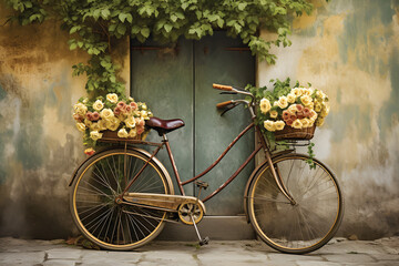 Fototapeta na wymiar Old bicycle with flowers in front of a door vegetated with ivy.GenerativeAI.
