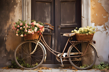 Fototapeta na wymiar Old bicycle with flowers in front of a door vegetated with ivy.GenerativeAI.