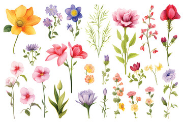 Wild flowers vector collection,herbs, herbaceous flowering plants, blooming flowers, subshrubs isolated on white background,Hand drawn detailed botanical vector illustration.GenerativeAI.