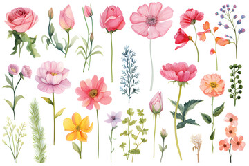 Wild flowers vector collection,herbs, herbaceous flowering plants, blooming flowers, subshrubs isolated on white background,Hand drawn detailed botanical vector illustration.GenerativeAI.