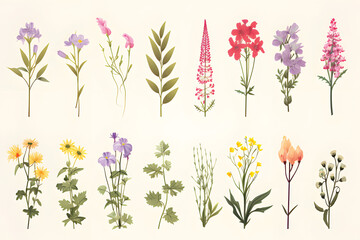 Wild flowers vector collection,herbs, herbaceous flowering plants, blooming flowers, subshrubs isolated on white background,Hand drawn detailed botanical vector illustration.GenerativeAI.