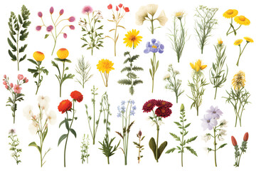 Wild flowers vector collection,herbs, herbaceous flowering plants, blooming flowers, subshrubs isolated on white background,Hand drawn detailed botanical vector illustration.GenerativeAI.