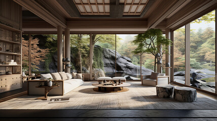 Fototapeta na wymiar Living room designed in the Japanese style