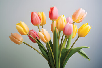 tulip bouquet on a plain background shot with soft light and a shallow depth of field.Valentine's day, mother's day, tenderness day, birthday concept. Soft selective focus. Spring scene. Greeting card