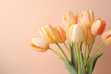 tulip bouquet on a plain background shot with soft light and a shallow depth of field.Valentine's day, mother's day, tenderness day, birthday concept. Soft selective focus. Spring scene. Greeting card