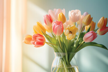 tulip bouquet on a plain background shot with soft light and a shallow depth of field.Valentine's day, mother's day, tenderness day, birthday concept. Soft selective focus. Spring scene. Greeting card