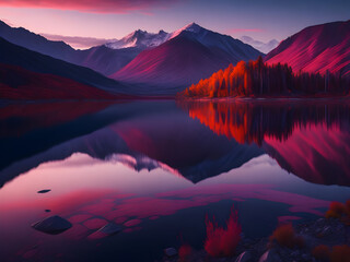 Fototapeta na wymiar a mountain range is reflected in a lake having a pink sky, generative AI