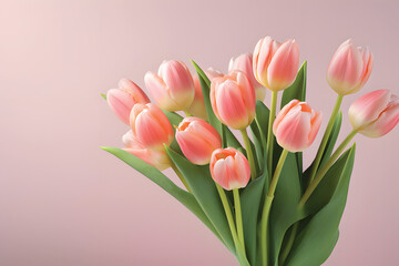 Fototapeta premium Natural bouquet of spring tulips. Pink tulips on a plain background.GenerativeAI.