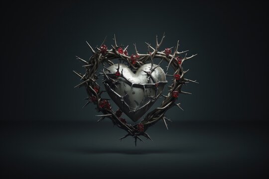 The Sacred Heart, a crown of thorns in the shape of a heart on dark background