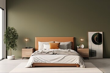 Bed in modern bedroom interior. Green home design. Decor background for house design