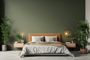 Bed in modern bedroom interior. Green home design. Decor background for house design