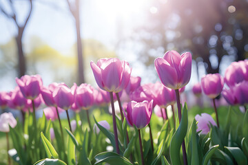 Purple tulips flowers in the garden.GenerativeAI.