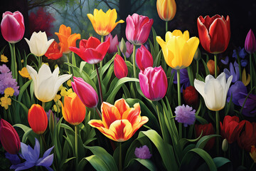 Colorful tulips flowers in the garden.GenerativeAI.