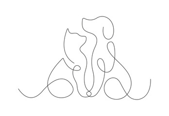 Continuous one line art of dog and cat vector illustration. Pro vector.