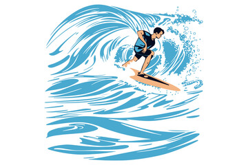 Surfing on a wave in the ocean. Surf rider on big waves. Surfer vector illustration design for t shirt print or club banner.