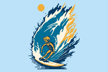 Surfing on a wave in the ocean. Surf rider on big waves. Surfer vector illustration design for t shirt print or club banner.