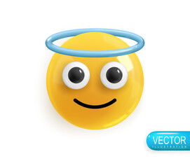 Emoji face smiling angel. Realistic 3d design. Emoticon yellow glossy color. Icon in plastic cartoon style isolated on white background. 