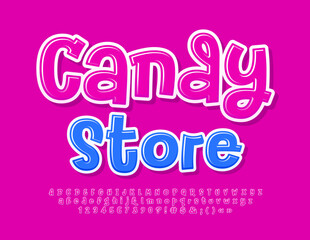 Vector sweet emblem Candy Store with cute pink Alphabet Letters, Numbers and Symbols set. Bright childish Font