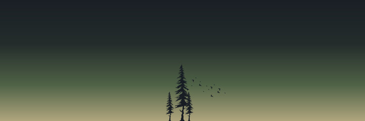 pine tree and bird flying silhouette with sunset landscape panorama vector illustration good for wallpaper, backdrop, background, web banner, and design template