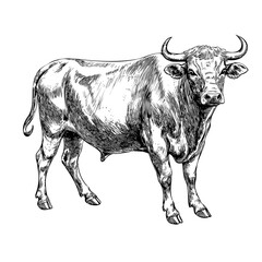 Black and white bull, hand drawn ink illustration, domestic farm animal, engraved drawing, ink art created with generative AI, transparent background