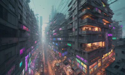 Street 2d mobile game background urban environment neon city, cyberpunk poster retro 80s neon futuristic landscape night city, generative artificial intelligence