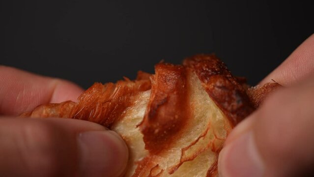 クロワッサンをちぎるクローズアップ動画