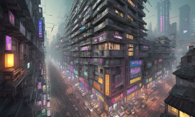 Fototapeta na wymiar Retro cyber punk futuristic city at night hand drawn illustration,Generative AI