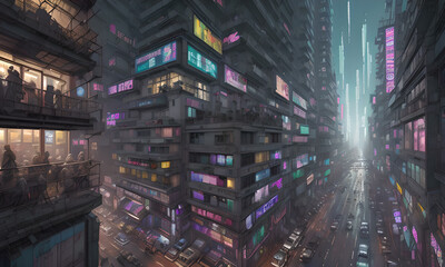 Retro cyber punk futuristic city at night hand drawn illustration,Generative AI
