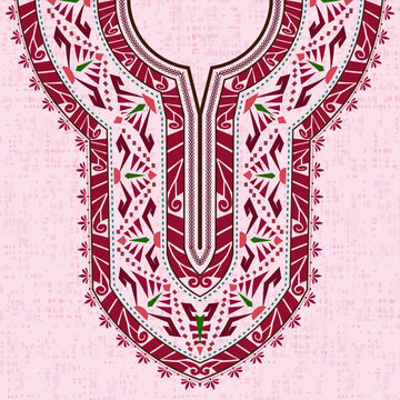 Symmetric decorative ornament neckline pattern design for dashiki shirt in vintage style. The fashion design for African clothing. Textile surface pattern with colorful Thai art and floral motifs. 