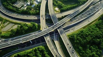 Aerial top view of multilevel junction ring road as seen on road motorway interchange with car traffic, generative ai - obrazy, fototapety, plakaty