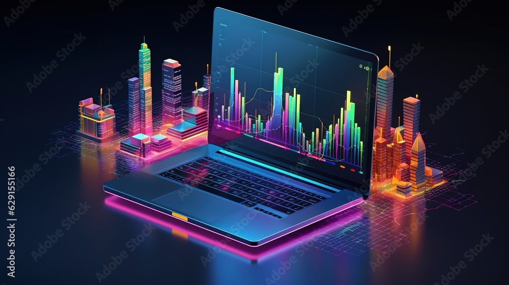 Poster application of laptop business graph and analytics data on isometric laptop. analysis trends and fin
