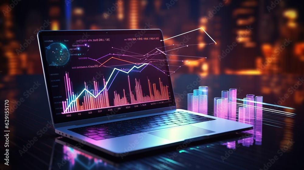 Poster application of laptop business graph and analytics data on isometric laptop. analysis trends and fin