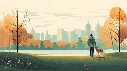 Obraz na płótnie Canvas People walking with dogs in autumn urban park. Vector landscape in cartoon style. Urban park with dog and people walk illustration