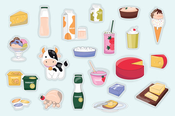 Milk and dairy products mega set in graphic flat design. Bundle elements of cheese, yogurt, drink in bottles, packaging, ice cream, cow, milkshake, butter, other. Vector illustration isolated stickers