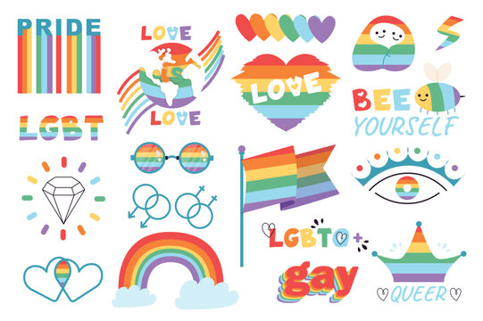 LGBT mega set in graphic flat design. Bundle elements of rainbow symbols of LGBTQ movement, love and hearts, venus and mars signs, diamond, be yourself and other. Vector illustration isolated stickers