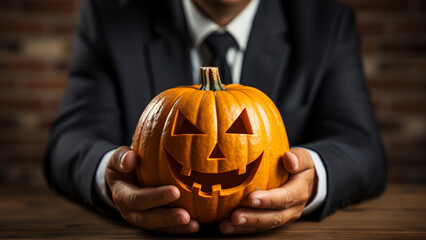 Businessman showing pumpkin on halloween day.