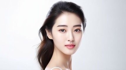 Fototapeta premium Beautiful face and flawlessly clean, fresh skin. On a white isolated background, a cute female model with natural makeup and sparkling eyes. Treatment of the face