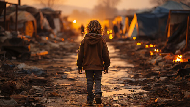 Refugee camp child with slum camp background.