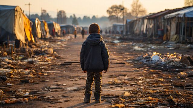Refugee camp child with slum camp background.