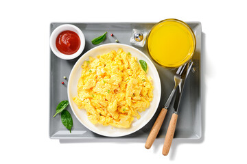 Scrambled eggs for breakfast. Healthy food. isolated on white background. top view