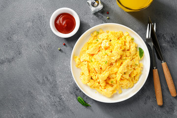 Scrambled eggs for breakfast. Healthy food. top view - 629156538