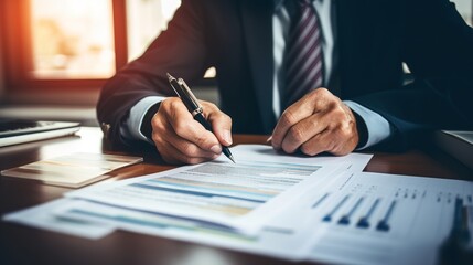 businessman signing a document, Businessman working on documents on the desk, data analysis of financial figures and business investments, generative ai