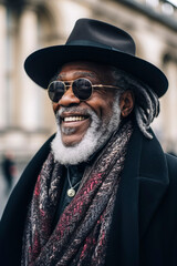 Generative AI illustration of Happy Old Black Man with dreadlocks and gray hair,sunglasses and hat
