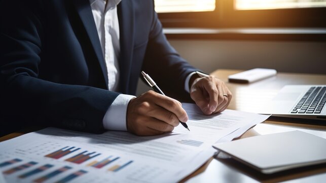 Businessman working on documents on the desk, data analysis of financial figures and business investments, generative ai