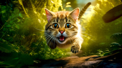 a happy cat runs across the green meadow, banner made with Generative AI