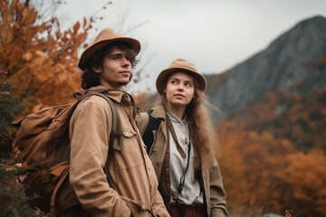 Fototapeta premium Exploring Nature's Love Story: Autumn Hiking Together