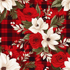 Floral seamless plaid, tartan, check pattern with flowers, tileable country style print for wallpaper, wrapping paper, scrapbook, fabric and product design