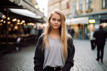 Swedish teenage girl, wearing modern outfit, standing in Stockholm 