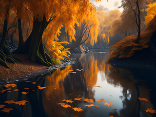 autumn in tranquil forest with serene lake reflection and vibrant nature colors, generative AI
