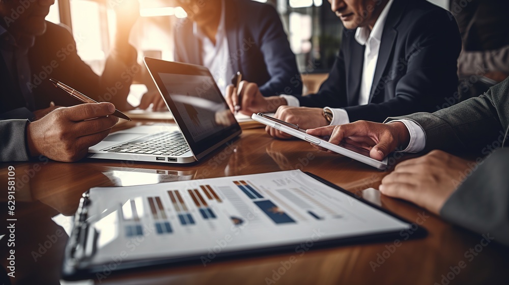 Canvas Prints businessman working on laptop, Business people brainstorming at office desk analyzing financial reports and pointing out financial data on a sheet, generative ai